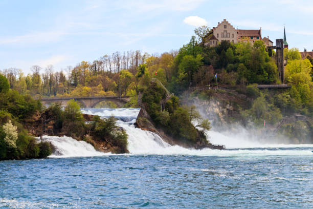 blick auf den rheinfall im kanton schaffhausen, schweiz. mächtigster wasserfall europas - rheinfels stock-fotos und bilder