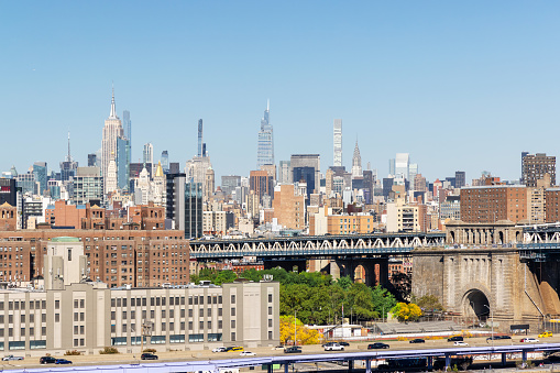 An overhead view of the Three Bridges in Lower Manhattan