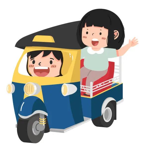 Vector illustration of Kids on tuk-tuk taxi driver