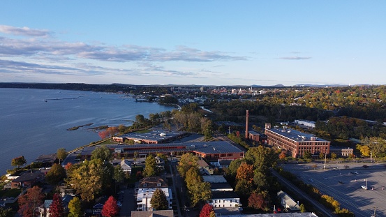 An aerial view of a coastal town and the sea in Burlington, Vermont