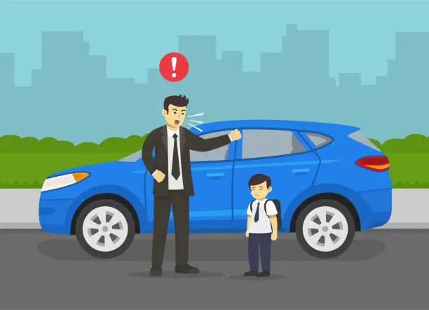 Vector illustration of Angry male character yelling at his kid beside blue suv car on city road. Bad manners. Crying school child.