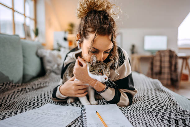 istock Young beautiful female student bonding with her cat while taking a break from studying 1452689815
