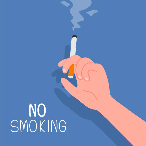 illustrazioni stock, clip art, cartoni animati e icone di tendenza di il fumatore tiene una sigaretta fumante. illustrazione vettoriale design piatto. isolato sullo sfondo. - tabaccheria