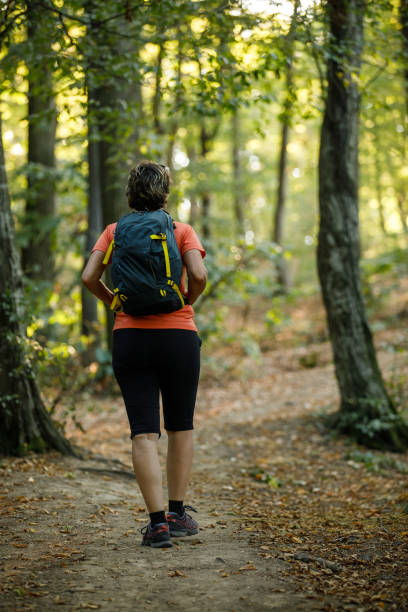 Rear view of happy mature woman taking a relaxing hike with a backpack through the sunny forest.