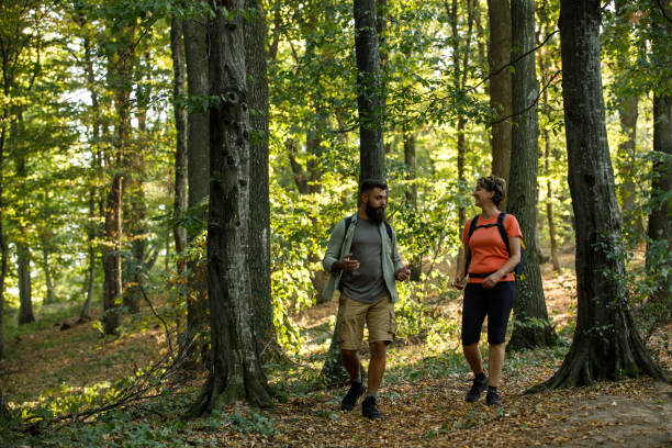 istock Mother and son engaging in casual conversation during a relaxing forest hike 1452691827