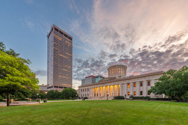 Columbus, Ohio, USA view of downtown and the statehouse from Capitol Square at twilight.