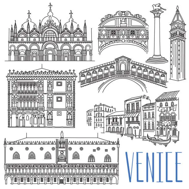 Vector illustration of Venetian famous landmarks - Bridge of Sighs, Rialto, Doges Palace, San Marco Basilica, Lion of Venice, Golden House.