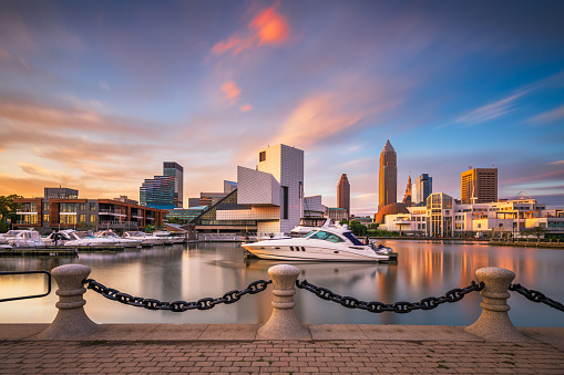 Cleveland, Ohio, USA downtown city skyline and harbor at twilight.