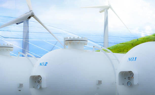 istock H2 fuel storage tank with green hydrogen concept. Sustainable renewable energy. Net zero emissions by 2050. Solar panel and wind turbine generate electricity for hydrogen gas production. Clean energy. 1452694166
