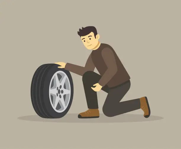 Vector illustration of Isolated young male character sits down and checks the air pressure in his tire.