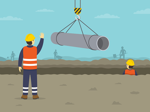Laying and joining of water supply pipes. Lifting operations in construction. The worker shows stop gesture. Back view. Flat vector illustration template.