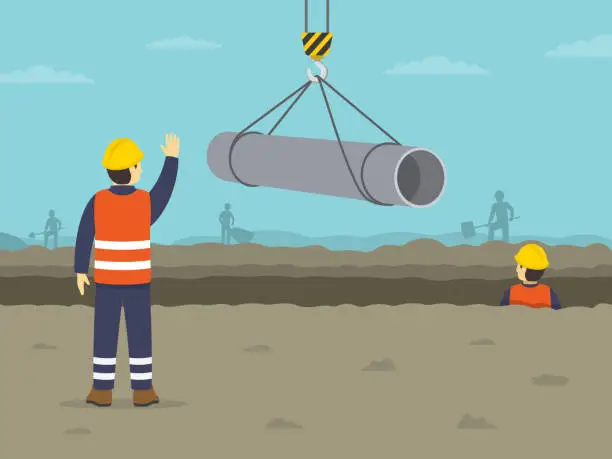 Vector illustration of Laying and joining of water supply pipes. Lifting operations in construction. The worker shows stop gesture. Back view.