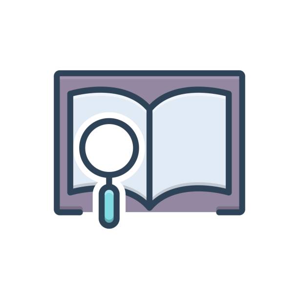 Definitions interpretation Icon for definitions, interpretation, explanation, elucidation, article, magnifying, book, education elucidation stock illustrations