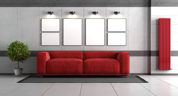 istock Poster mockup in a concrete room with red sofa 1452695996