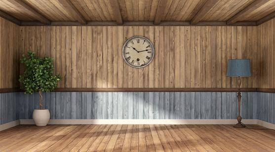 Rustic style empty wooden room with floor lamp, retro clock and houseplant - 3d render
