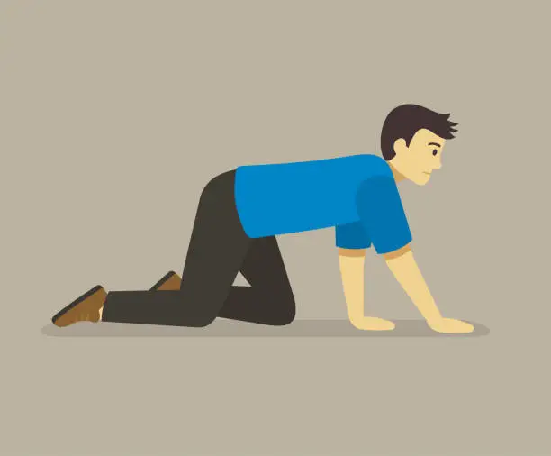 Vector illustration of Crawling young man. Isolated male character. Side view.