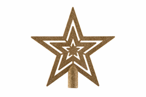 Golden Christmas tree topper star isolated on white background with clipping path