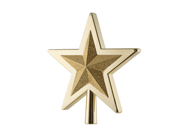 Golden Christmas tree topper star isolated on white background with clipping path