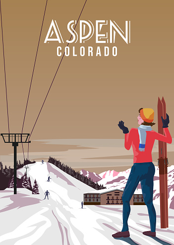 Aspen Ski travel resort poster vintage. Colorado USA winter landscape travel card, ski lift, view on the mountain village vintage. Vector illustration