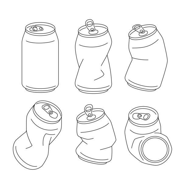 ilustrações, clipart, desenhos animados e ícones de conjunto de contorno de lata de alumínio triturado - crushed can soda drink can