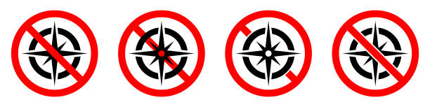 ilustrações de stock, clip art, desenhos animados e ícones de compass ban icon. compass is prohibited. no compass icon. - discovery arrow sign circle pattern