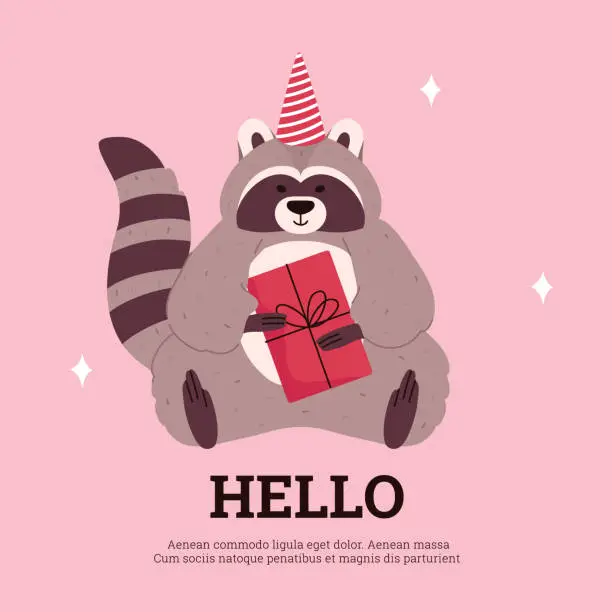 Vector illustration of Card design with funny raccoon in birthday hat flat cartoon vector illustration.