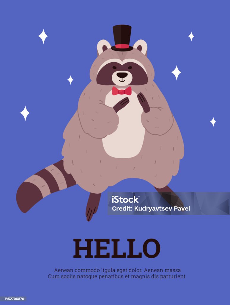 Hello Funny Racoon Greeting Card Design With Funny Raccoon In Top Hat And Bow Tie Flat ...