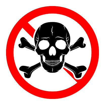 Stop or ban red round sign with skull and crossbones icon. Vector illustration. Forbidden sign. Skull and crossbones is prohibited