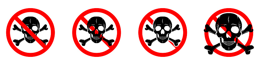 Stop or ban red round sign with skull and crossbones icon. Vector illustration. Forbidden signs set. Skull and crossbones is prohibited