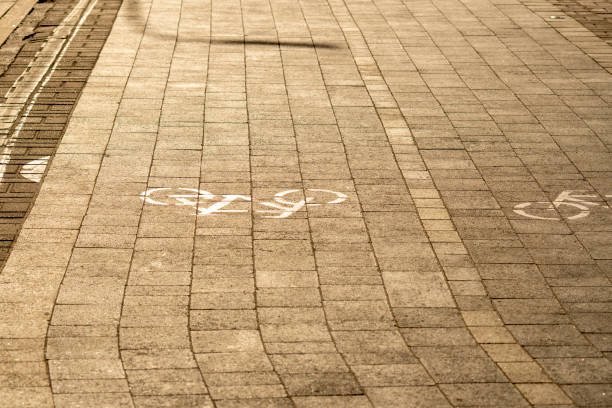 istock Paved path for cyclists on sunset. Empty bike lane in the city. 1452702487