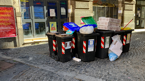 Rome, Italy,October 6th. 2022: Recycling containers in a Street in Rome