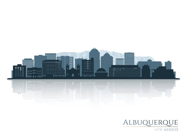 illustrations, cliparts, dessins animés et icônes de silhouette de la ligne d’horizon d’albuquerque avec reflet. paysage albuquerque, nouveau-mexique. illustration vectorielle. - albuquerque new mexico skyline southwest usa