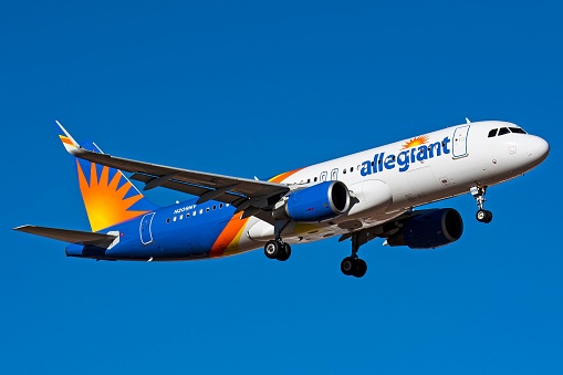 Mesa, United States – November 27, 2022: An Allegiant A320 N209NV on final approach to Williams Gateway Airport