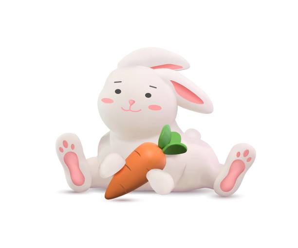 istock Vector illustration of white rabbit with carrot in 3d style. Character design for Easter hunt on transparent background. 1452706517