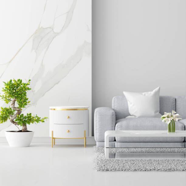 istock Gray sofa in white living room with blank table for mock up,3D rendering 1452707044