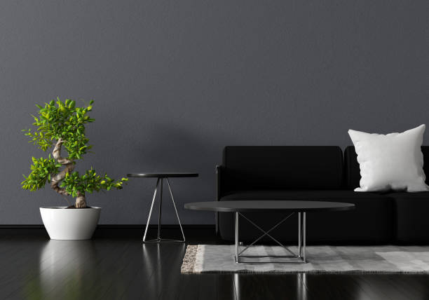 istock Black sofa in living room with blank table for mock up,3D rendering 1452707050