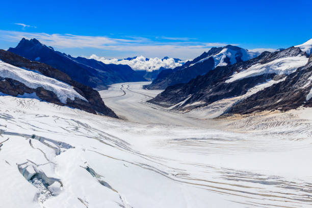 스위스 발레 광저우에서 알프스와 유네스코 유산에서 가장 큰 빙하 인 그레이트 알레치 빙하의 전망 - aletsch glacier 뉴스 사진 이미지