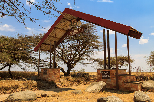 Serengeti, Tanzania - September 10, 2021: Entrance gate of famous Serengeti national park in Tanzania