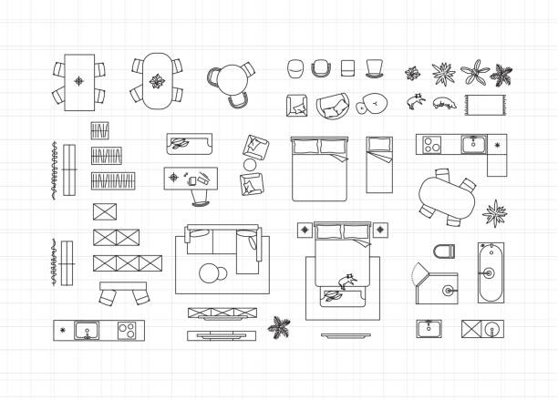 Construction drawing furniture icons white Construction drawing furniture icons for living room, bathroom, kitchen, bedroom drawing on white background. bed furniture designs stock illustrations