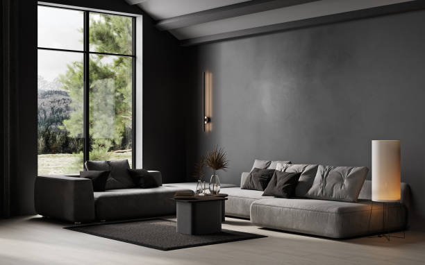 istock Black stylish minimalist interior with sofa, coffee table and decor. 3d render illustration mockup. 1452713812