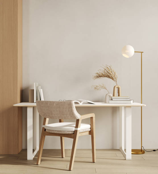 istock Home mockup, wooden stylish home office interior background, 3d render 1452713825