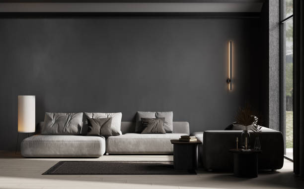 istock Dark cozy interior background, loft style living room with big window, 3D rendering 1452713832