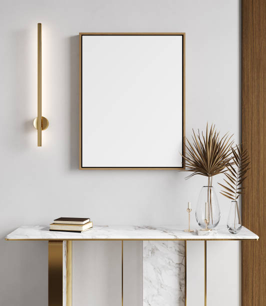 Mock up frame in white home interior background, bright room with minimal decor, 3d render