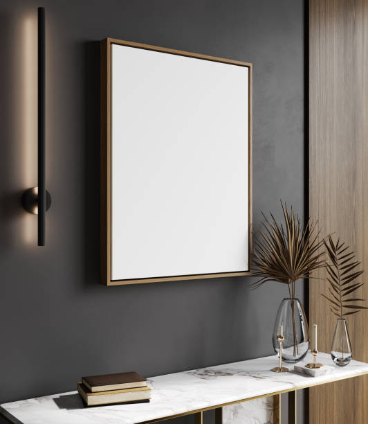 istock Vertical wooden frame mockup on gray wall background and marble console, gray wall background, 3d rendering 1452713859