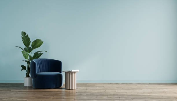 istock Blue contemporary minimalist interior with armchair, blank wall, coffee table and decor. 3d render illustration mockup 1452713873