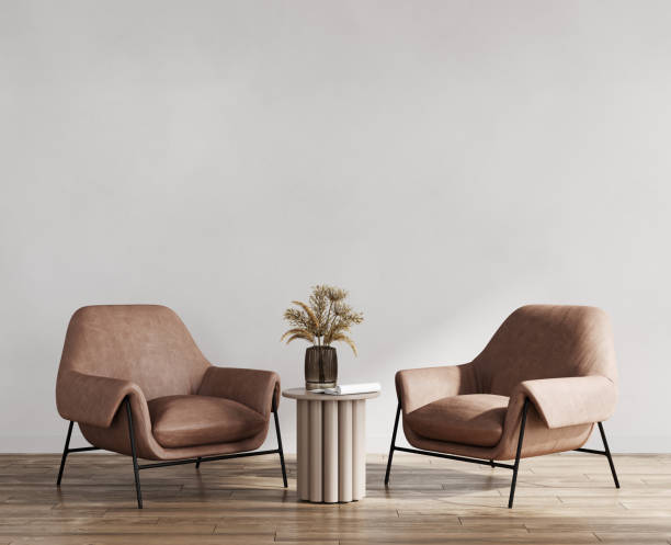istock Living room mockup, bright interior design with leather armchairs on empty gray background, 3d render 1452713875
