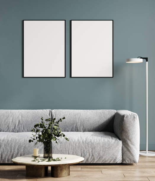 istock Two poster frames mockup in stylish blue living room, 3d rendering 1452713886