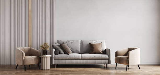 istock Light beige room interior, living room interior mockup, empty gray wall, 3d rendering 1452713887