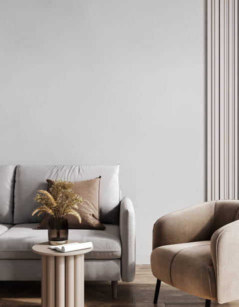 istock Light beige room interior, living room interior mockup, empty gray wall, 3d rendering 1452713892