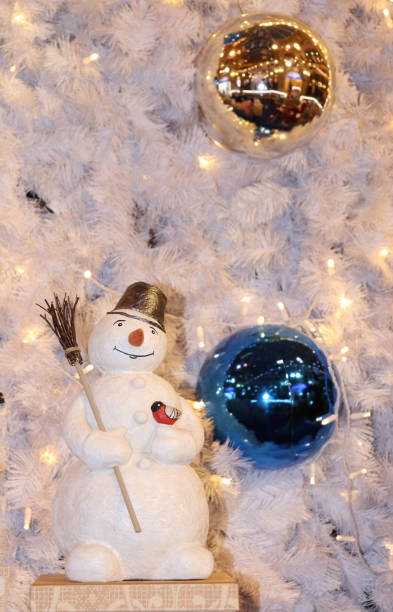 istock snowman near Christmas tree with balls 1452715566
